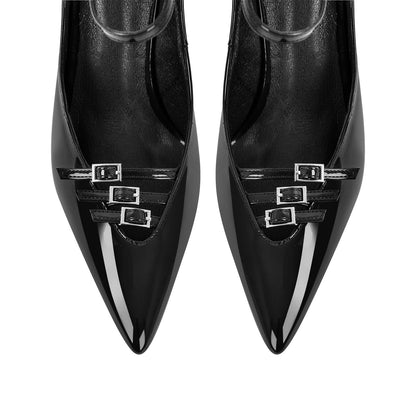 Pointed Toe Multi-Buckle Ankle Strap Stiletto Pumps