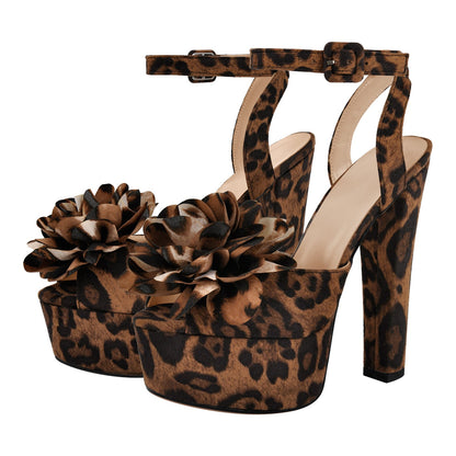 Leopard Platform Flower Ankle Strap Sandals