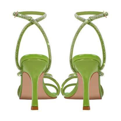 Square Toe Rhinestone Ankle Strap Stiletto Sandals