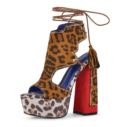 Leopard Rhinestone Tassel Lace-up Platform Sandals