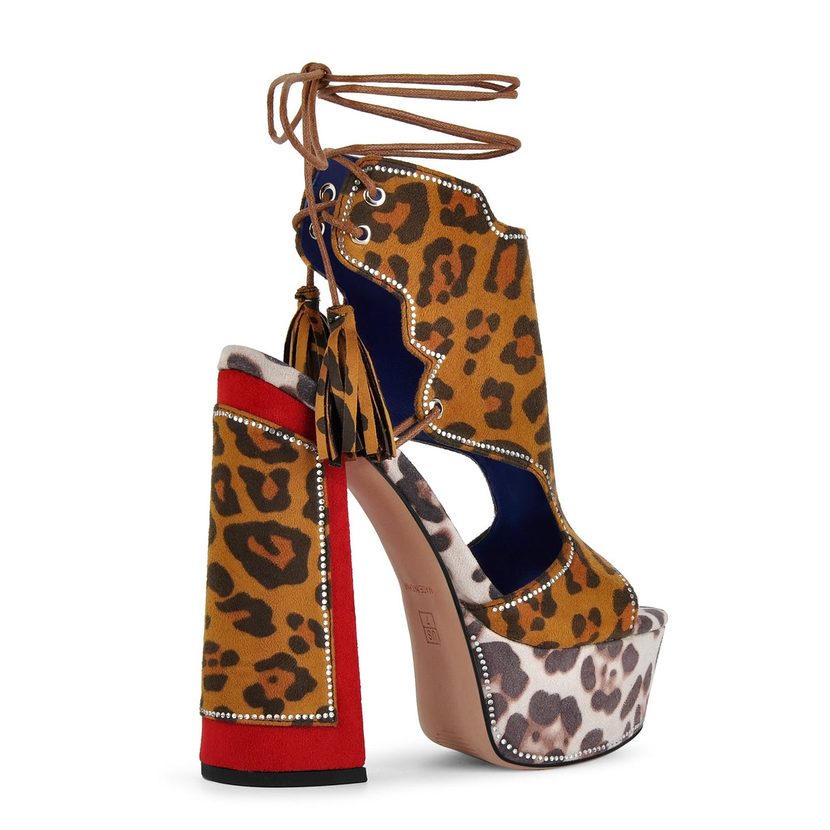 Leopard Rhinestone Tassel Lace-up Platform Sandals