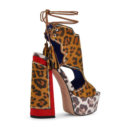 Leopard Rhinestone Tassel Lace-up Platform Sandals