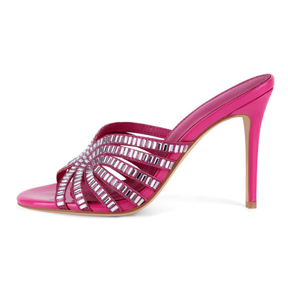 Round Toe Rhinestone Stiletto Mules