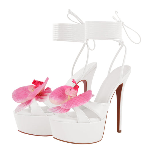 Round Toe Flower Platform Lace-up Stiletto Sandals