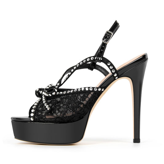 Platform Lace Mesh Rivet Strap Slingback Sandals
