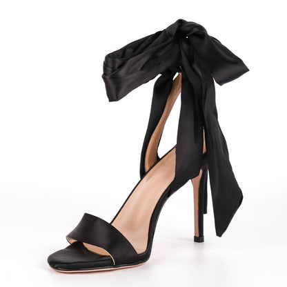 Round Toe Satin Lace-up Stiletto Sandals