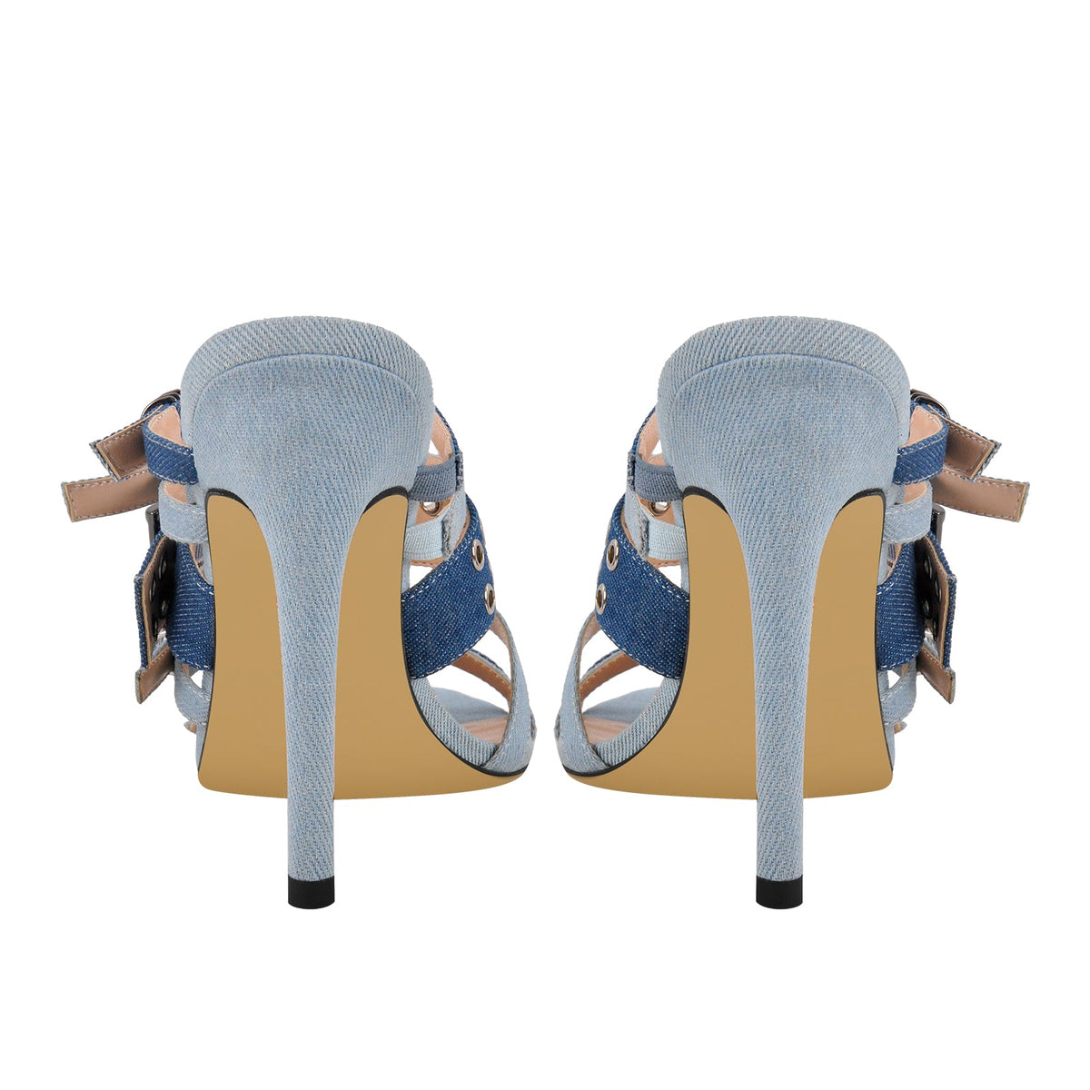Denim Pointed Toe Buckle Straps Mules