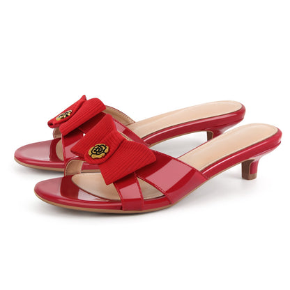 Round Toe Bow Kitten Heel Sandals Mules