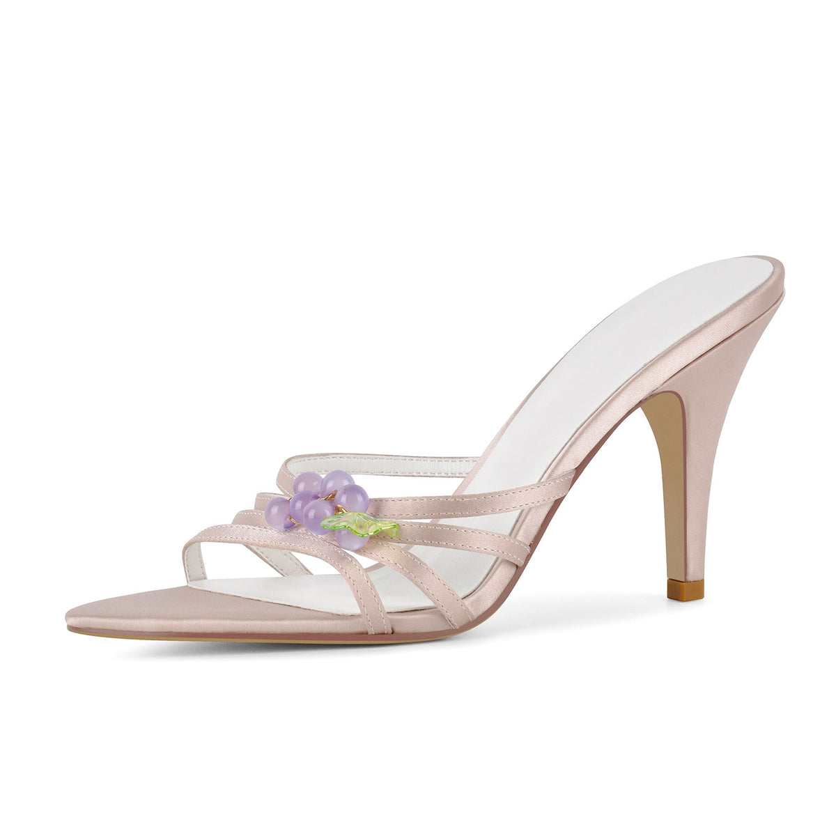 Pointed Toe Satin Grape Bead Embellished Mules