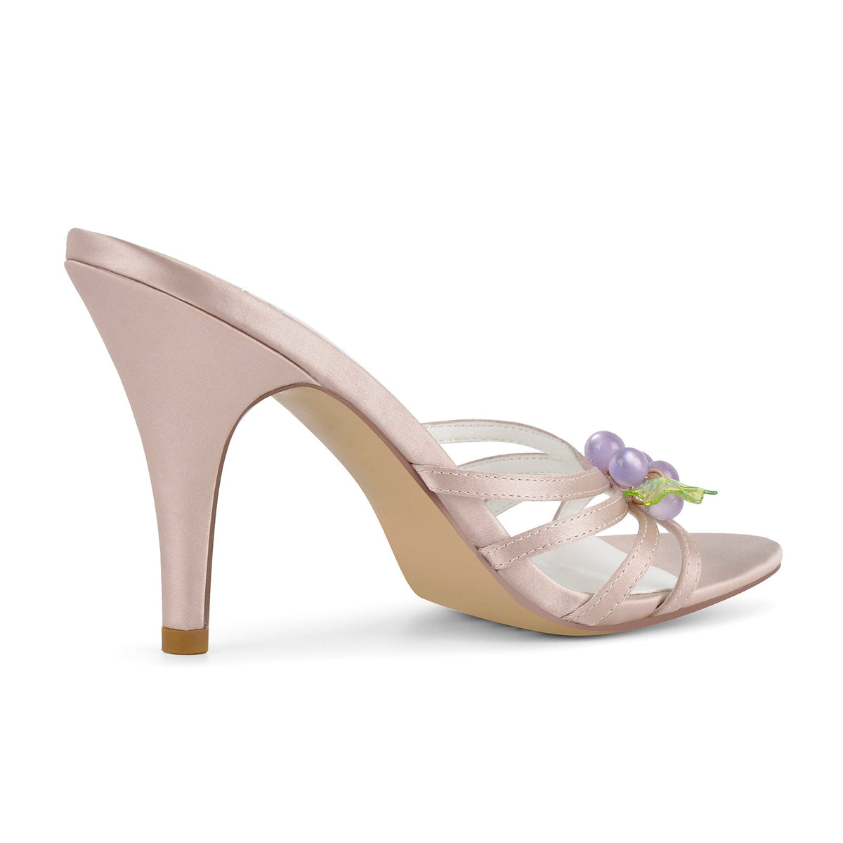 Pointed Toe Satin Grape Bead Embellished Mules