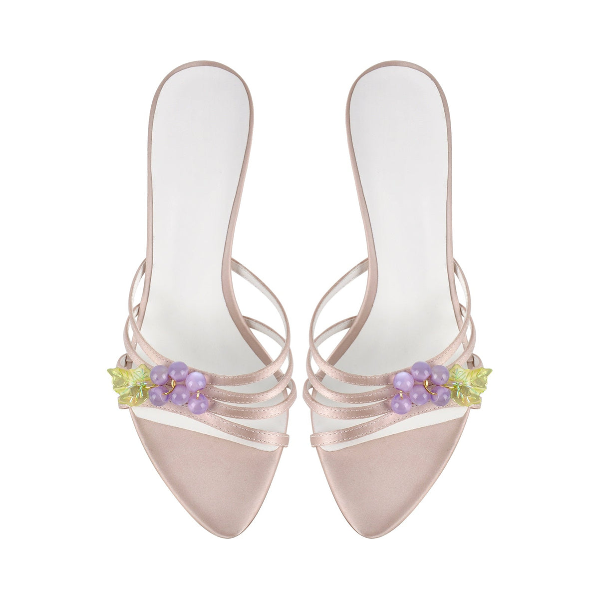 Pointed Toe Satin Grape Bead Embellished Mules