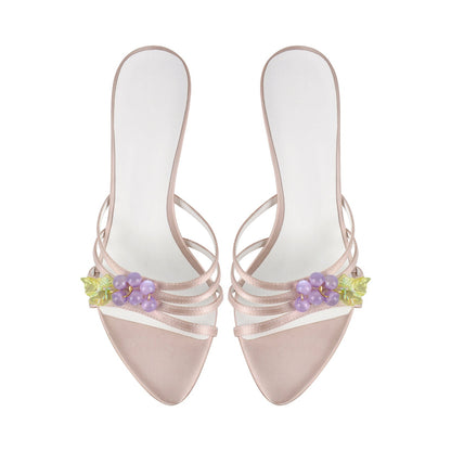 Pointed Toe Satin Grape Bead Embellished Mules