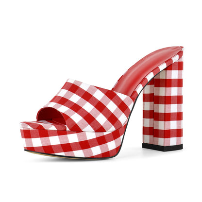 Round Toe Platform Plaid Chunky Heel Mules
