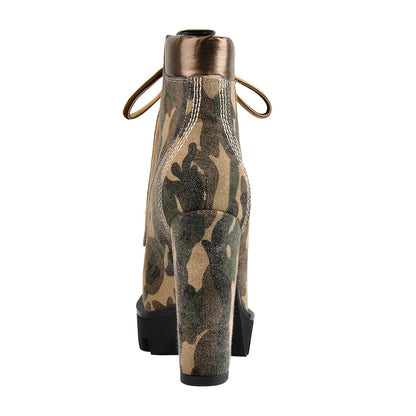 Camouflage Round Toe Platform Chunky Heels Ankle Boots