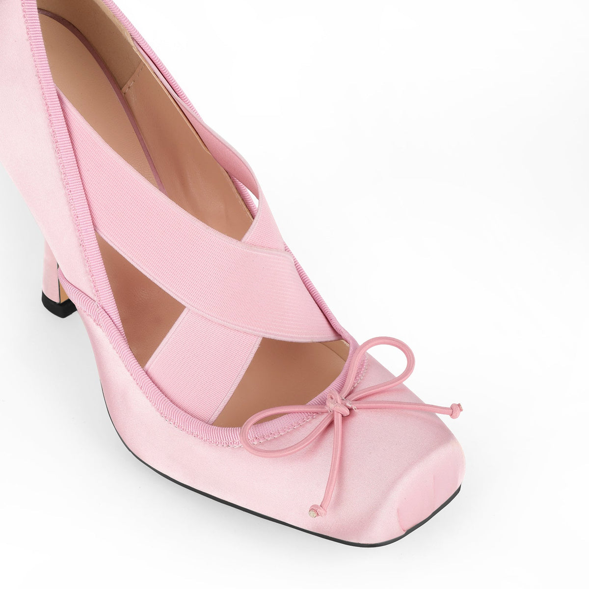 Square Toe Satin Bow Ballet Cross Strap Pumps