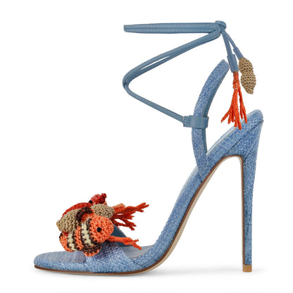Round Toe Woven Embellished Ankle Strap Sandals