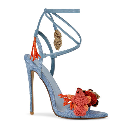 Round Toe Woven Embellished Ankle Strap Sandals