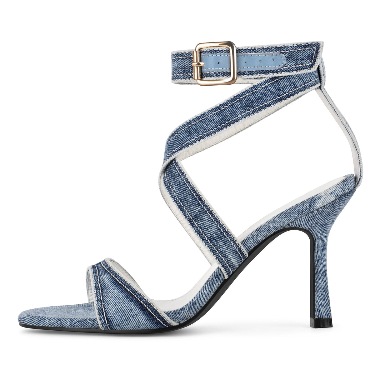 Round Toe Denim Cross Ankle Strap Sandals