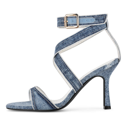 Round Toe Denim Cross Ankle Strap Sandals