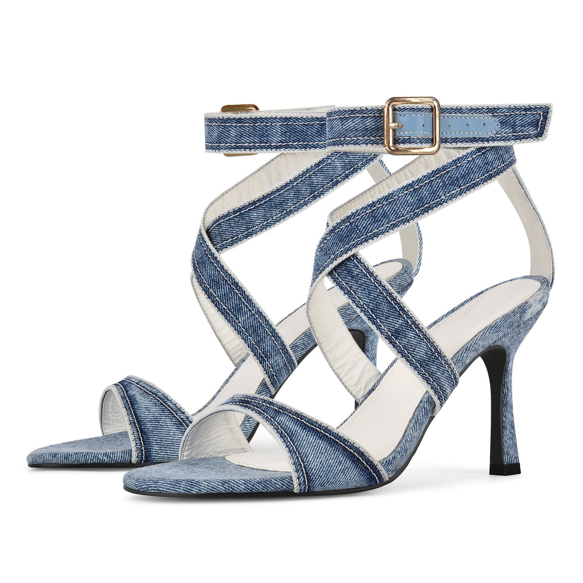 Round Toe Denim Cross Ankle Strap Sandals
