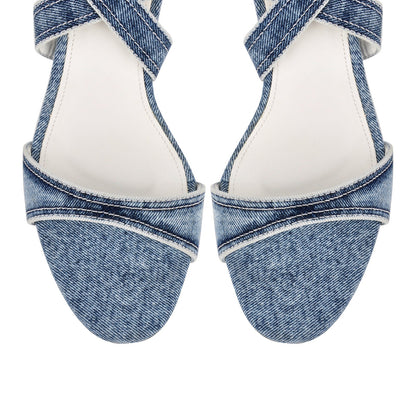 Round Toe Denim Cross Ankle Strap Sandals