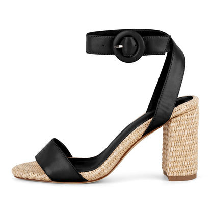 Straw Ankle Strap Chunky Heel Sandals