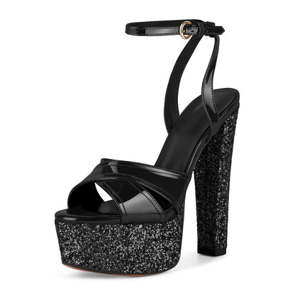Glitter Platform Ankle Strap Chunky Heel Sandals
