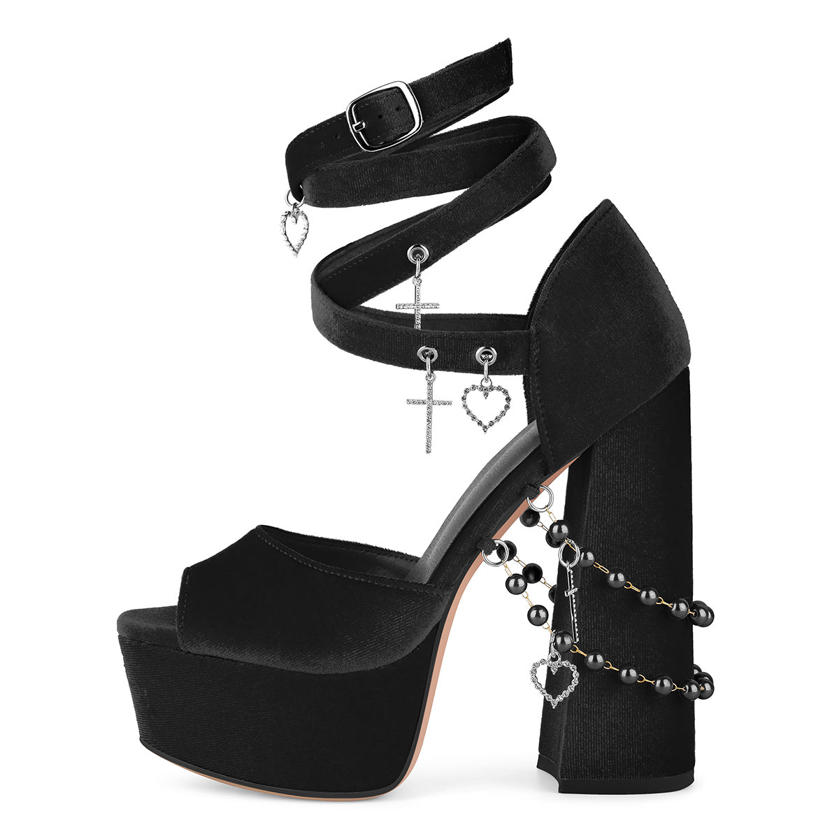Pendant Platform Wrap Buckle Strap Velvet Sandals
