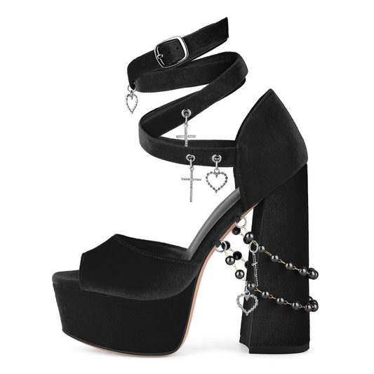 Pendant Platform Wrap Buckle Strap Velvet Sandals