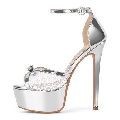 Mesh Platform Bow Ankle Strap Sandals