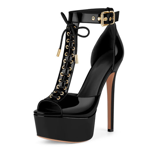 Platform Buckle T-Strap Lace-up Sandals