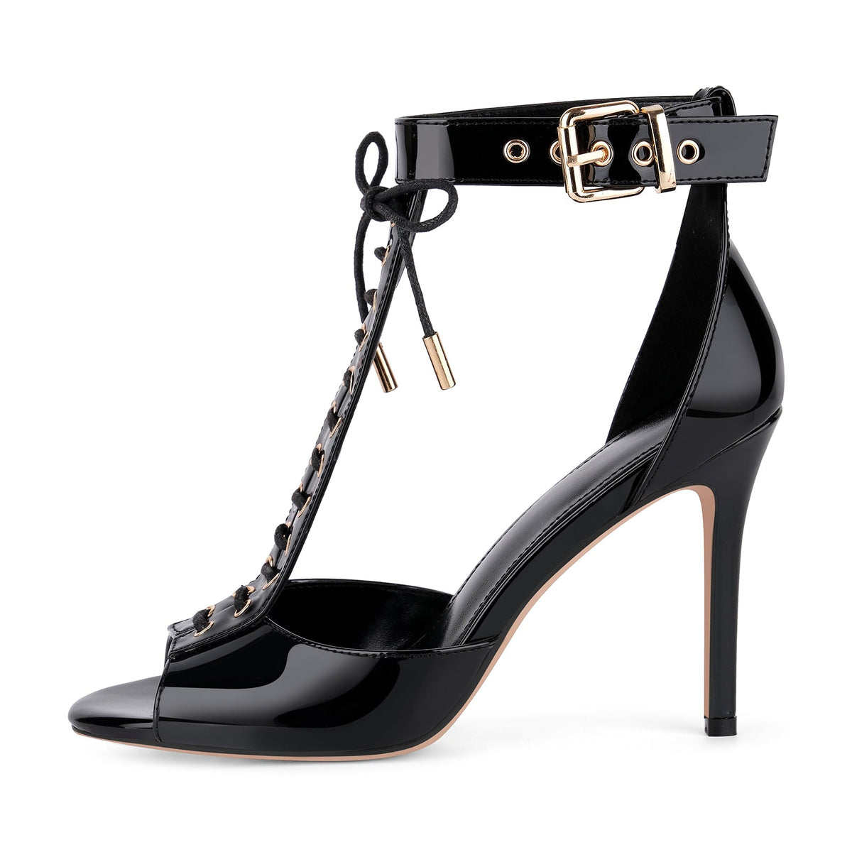 Buckle T-Strap Lace-up Patent Sandals