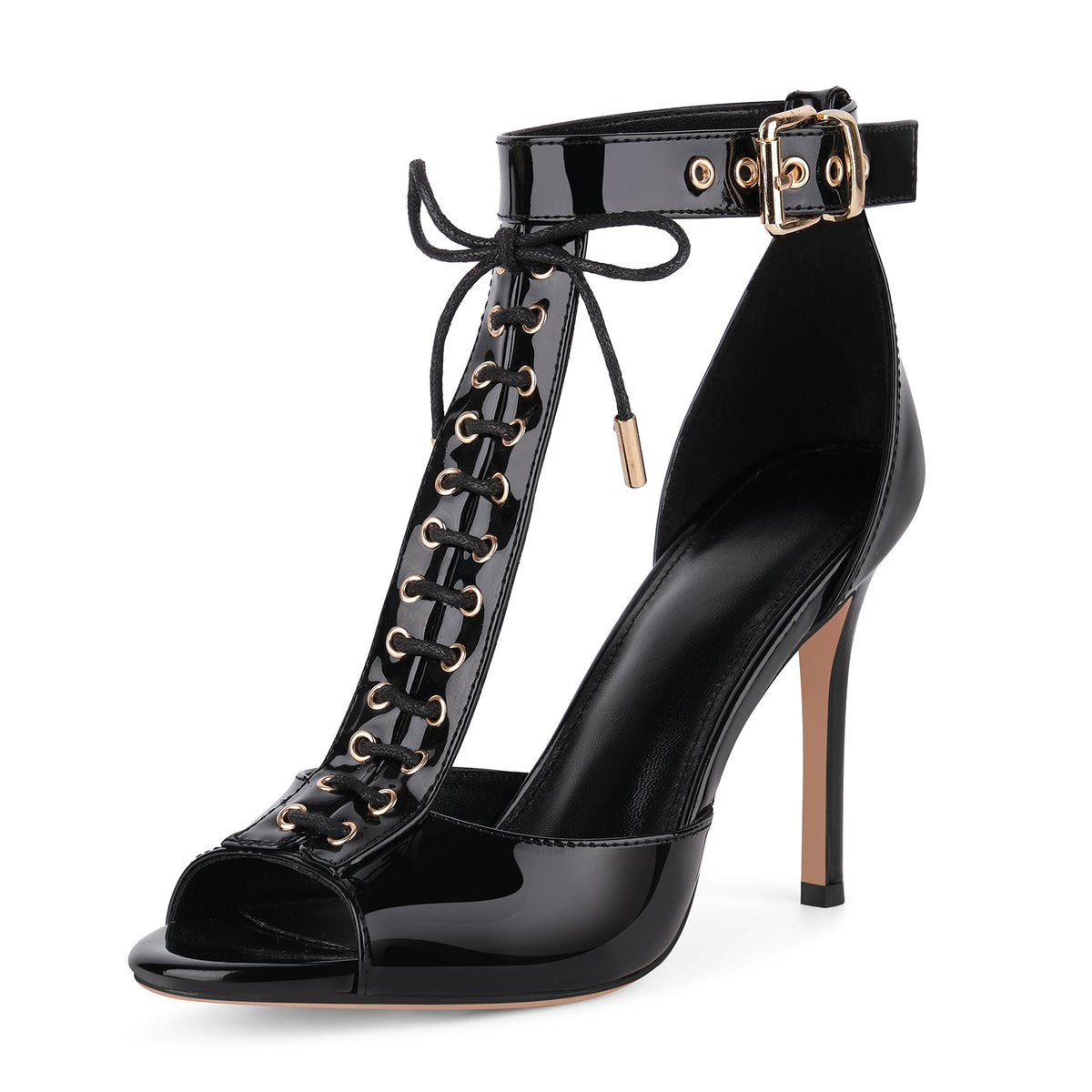 Buckle T-Strap Lace-up Patent Sandals