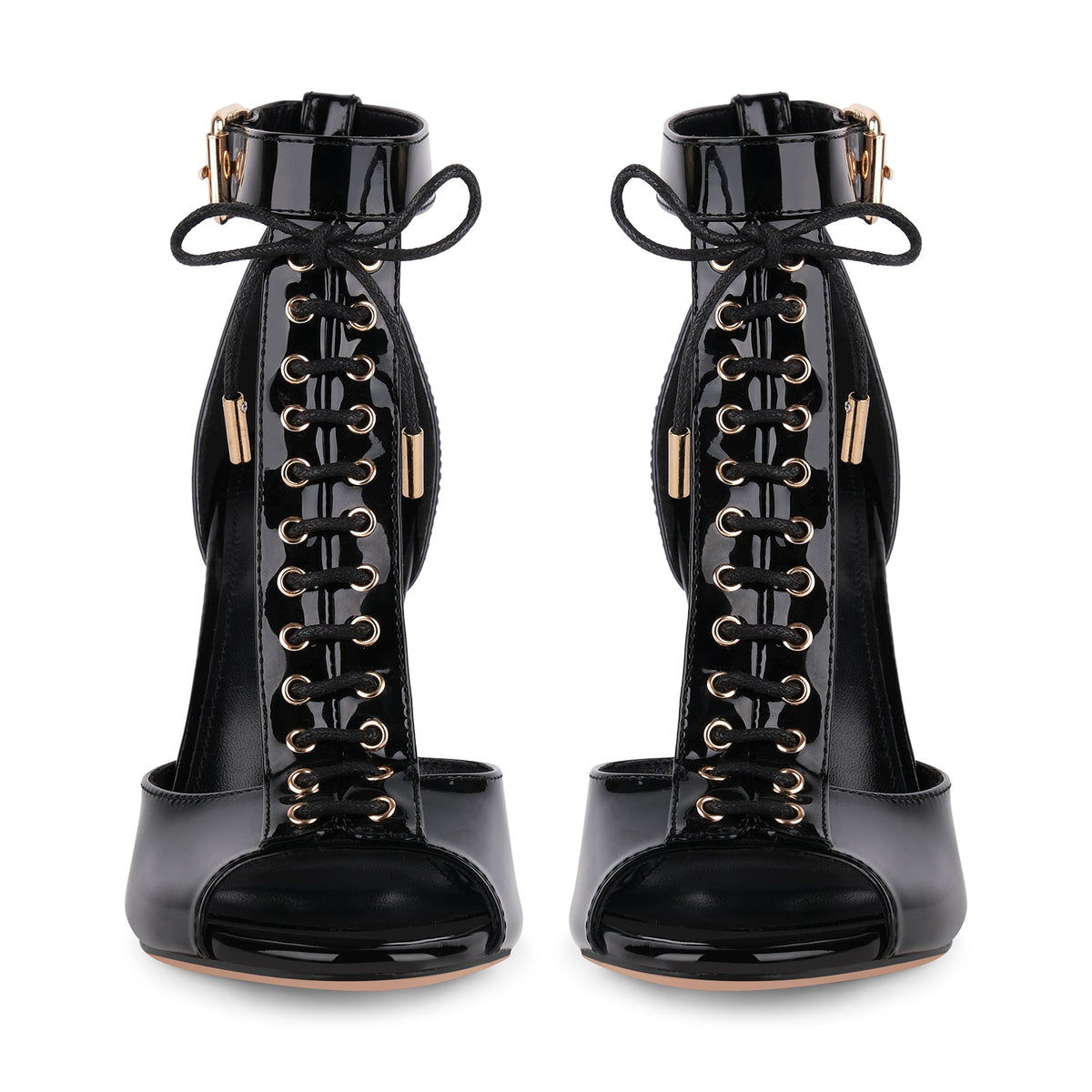 Buckle T-Strap Lace-up Patent Sandals