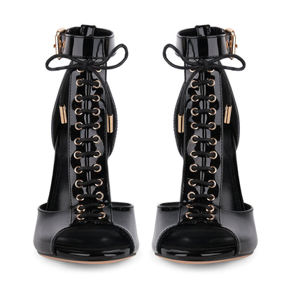 Buckle T-Strap Lace-up Patent Sandals