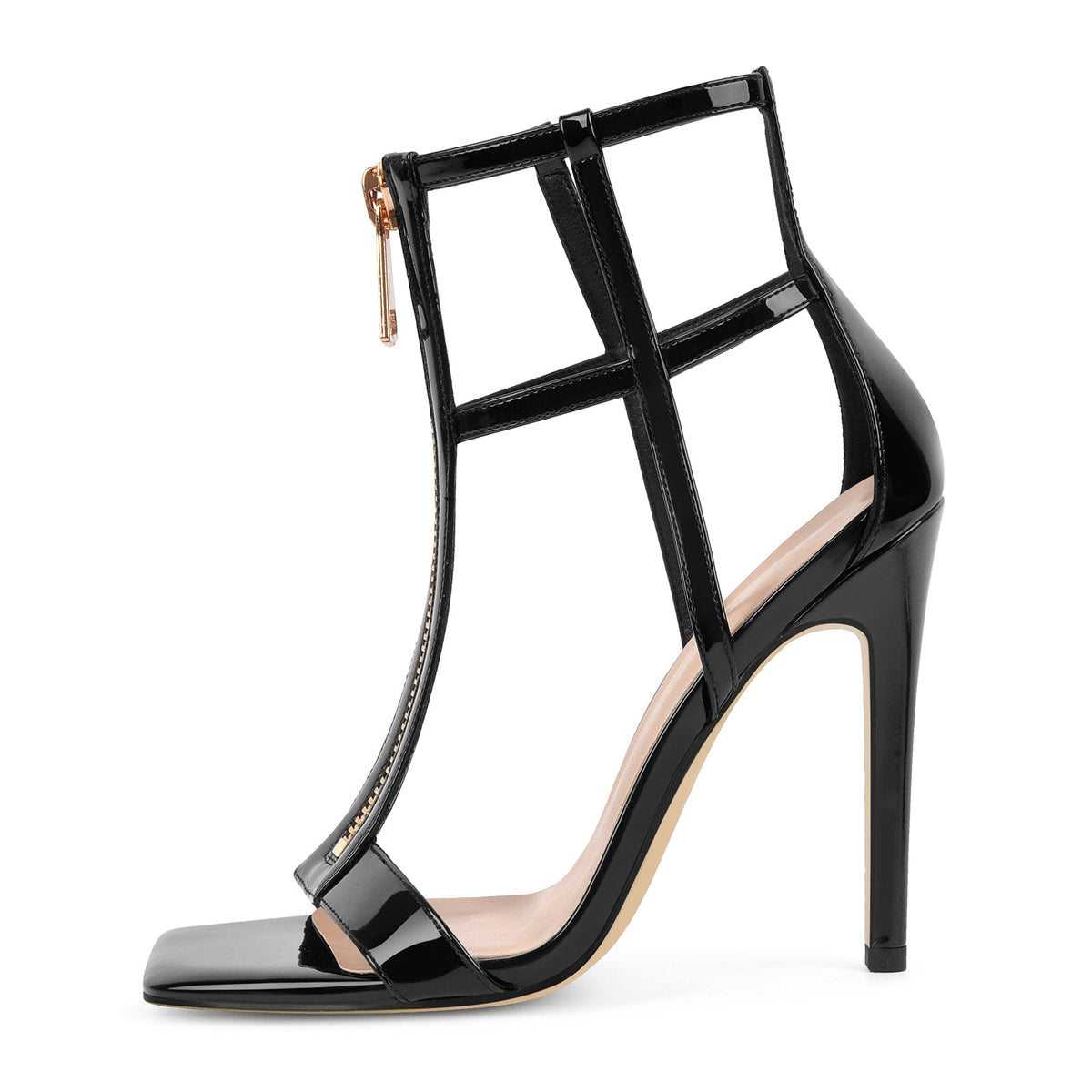 Square Toe T-Strap Zipper Patent Sandals