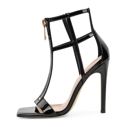 Square Toe T-Strap Zipper Patent Sandals