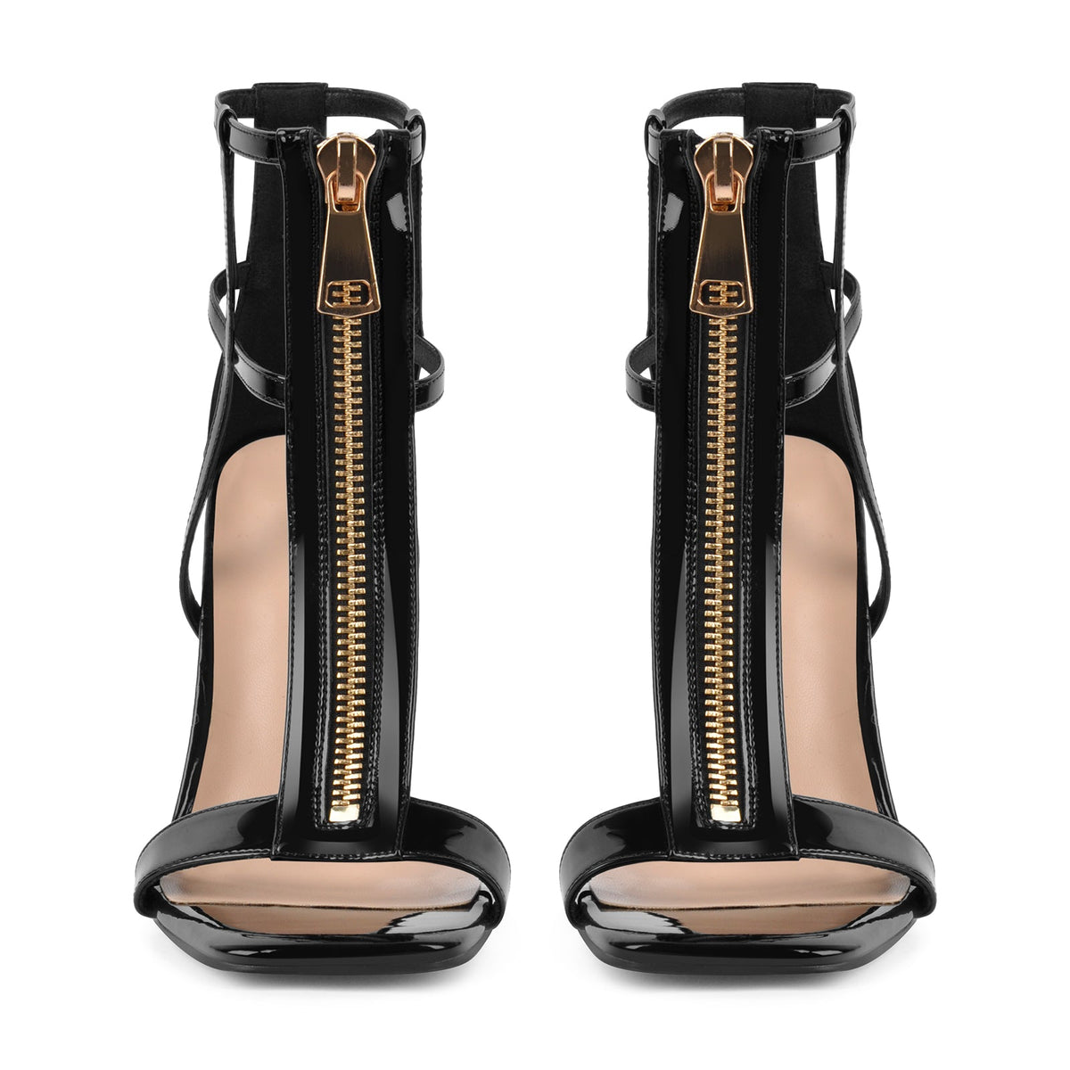Square Toe T-Strap Zipper Patent Sandals