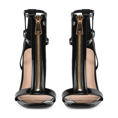 Square Toe T-Strap Zipper Patent Sandals