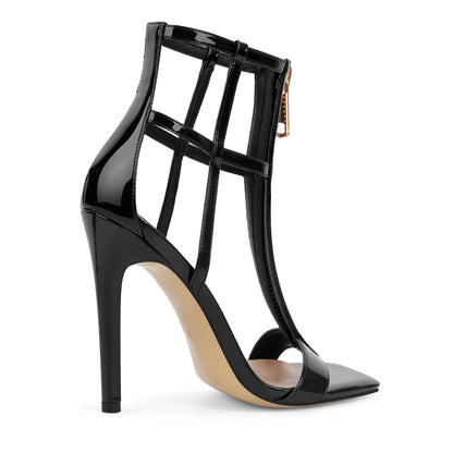 Square Toe T-Strap Zipper Patent Sandals