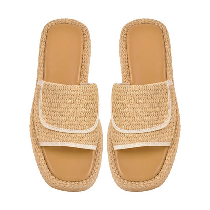 Straw Platform Square Toe Flats Slippers