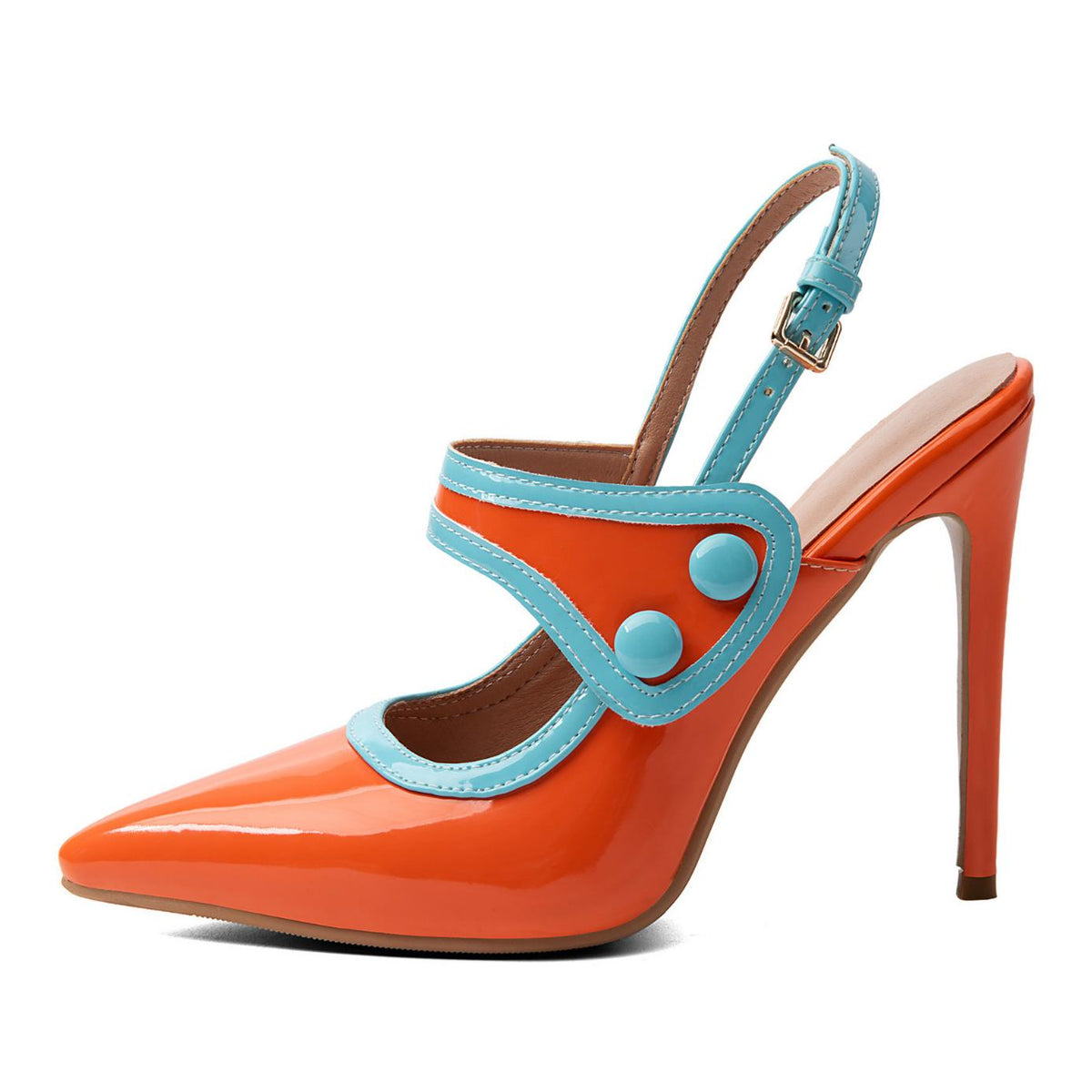 Pointed Toe Color Block Button Slingback Pumps