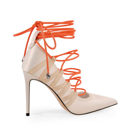 Pointed Toe Gladiator Lace-up Satin Pumps