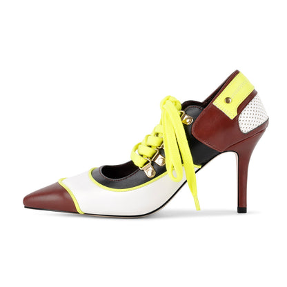 Pointed Toe Lace-up Color Block Stiletto Pumps